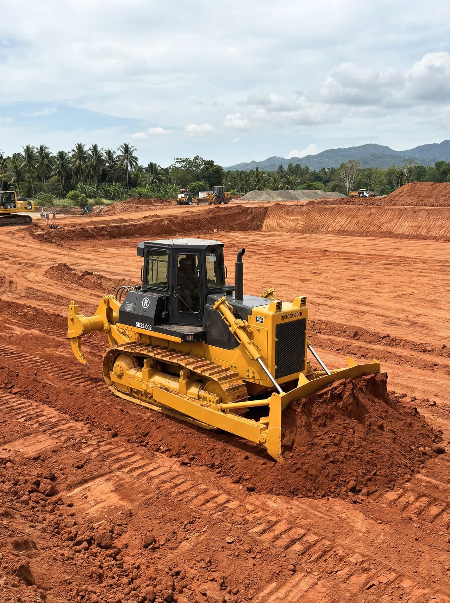 Rock Gold bulldozer operating on a large earthworks site